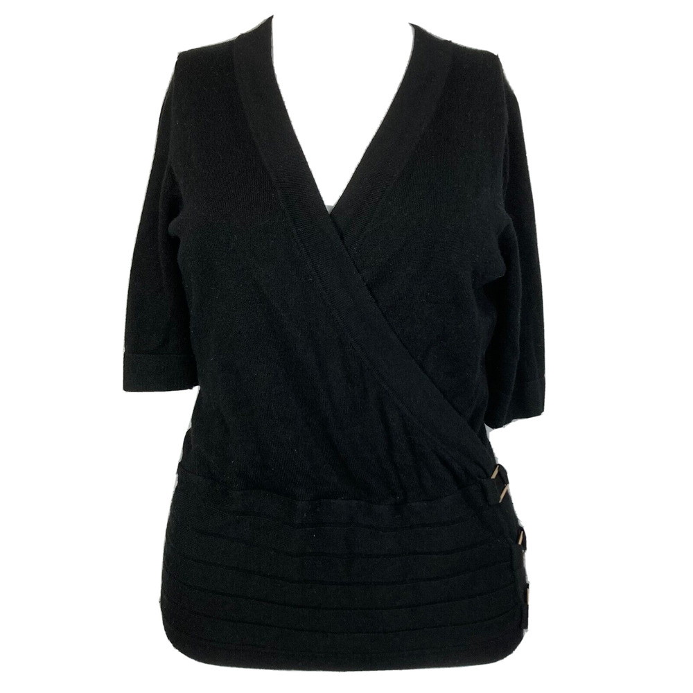 White House Black Market Sweater Womens Sz XS Knit V-Neck Wrap Gold Buckle‎